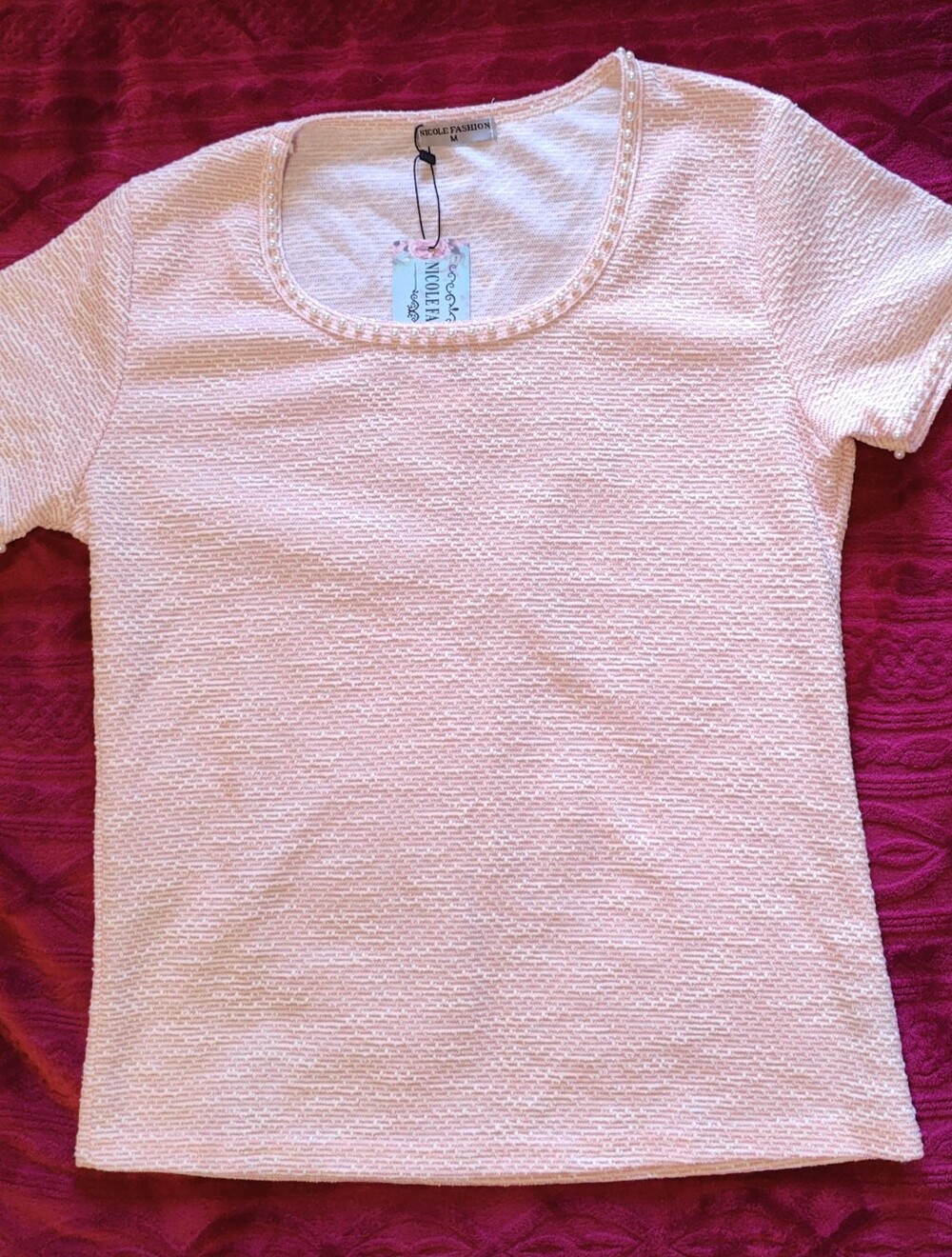 Pink Textured Scoop Neck Short Sleeve Top With Pearl Embellishments M